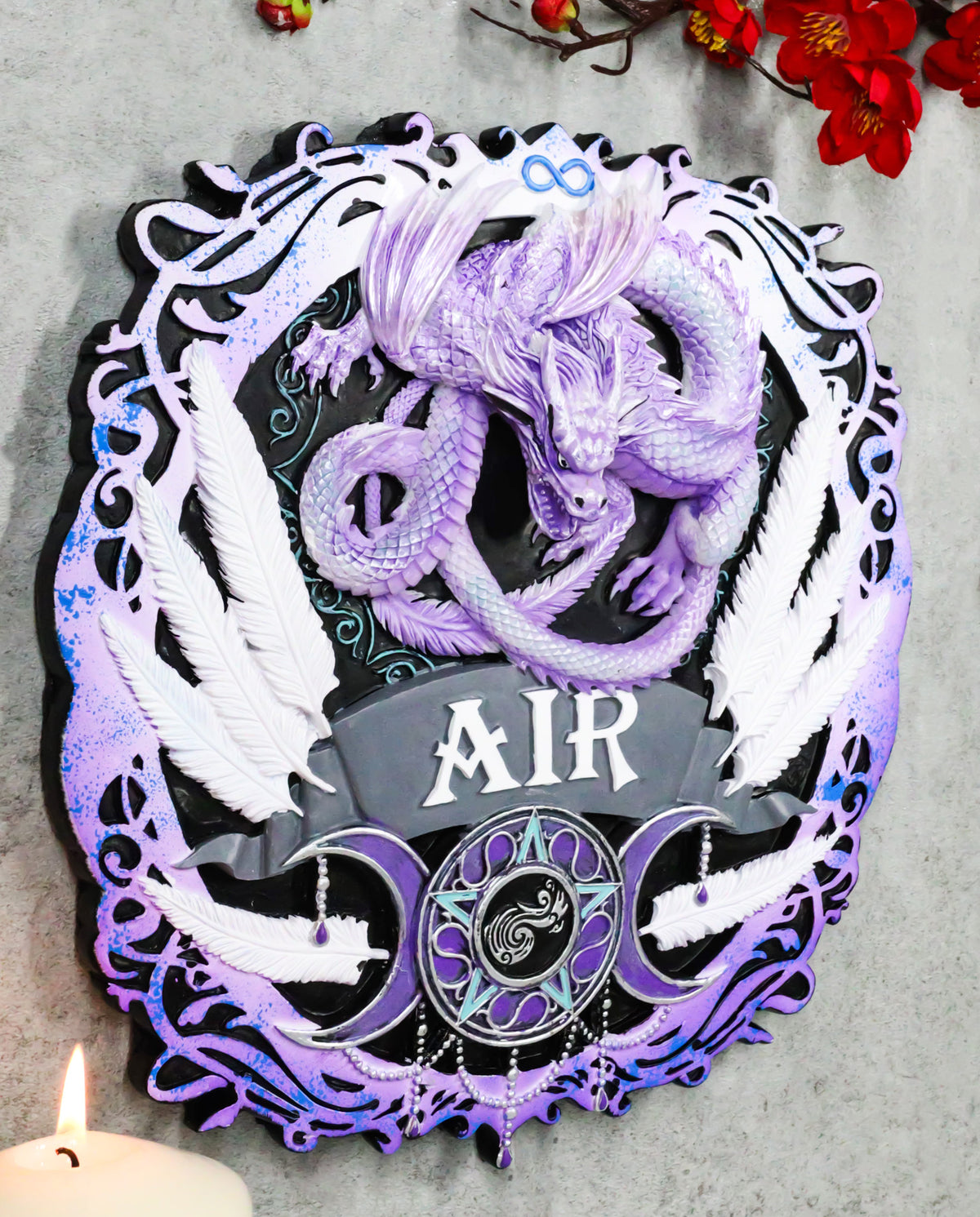 Elemental Air Nation Wind Purple Dragon White Feathers Triple Moon Wall Decor