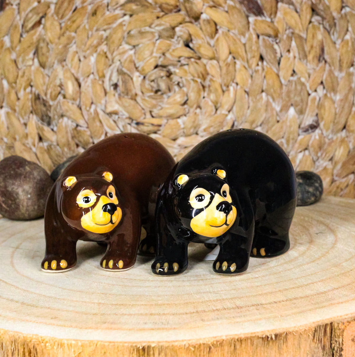 Rustic Forest Black Bear With Grizzly Bear Ceramic Salt And Pepper Shakers Set
