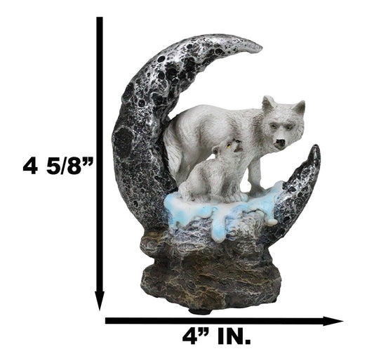 Winter Snow White Wolf With Pup Cub By Snowy Crater Crescent Moon Figurine