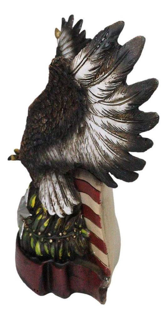 American Bald Eagle With Olive Branch Soaring by US Flag Desktop Figurine - Ebros Gift
