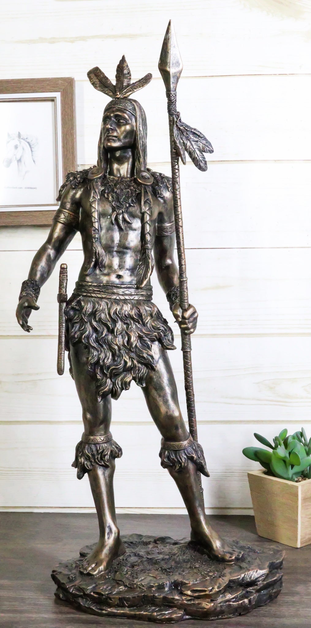 19" H Native American Indian Tribal Warrior Hunter Chief Holding Spear Figurine