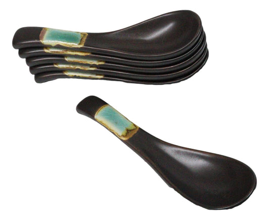 Pack of 6 Midori Kannyu Crackle Green Ceramic Asian Soup Spoons With Hook 5.75"L