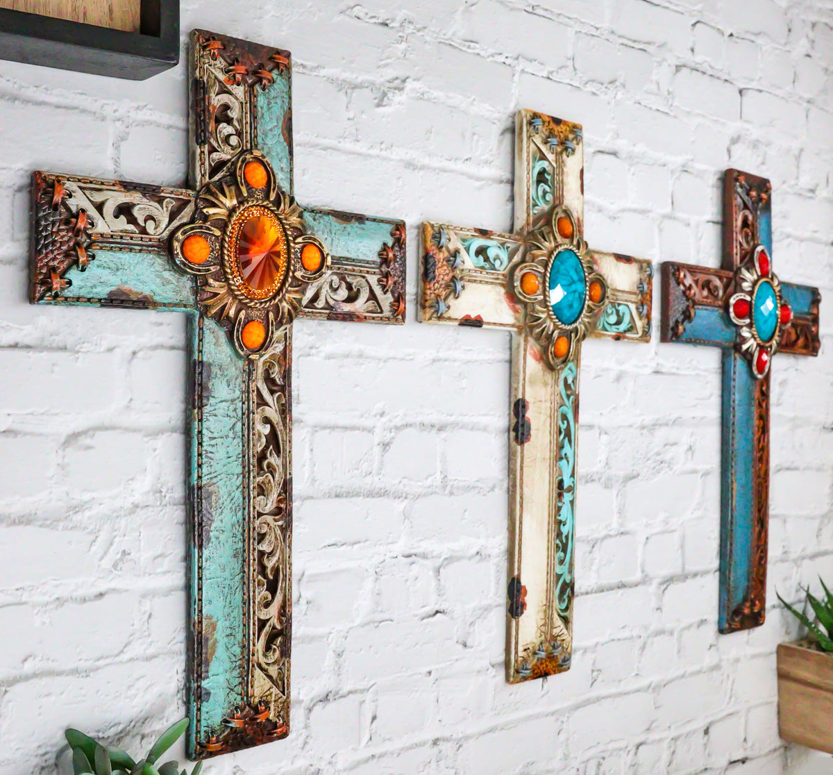 Pack Of 3 Rustic Western Tuscany Scrollwork Turquoise Amber Gems Wall Crosses