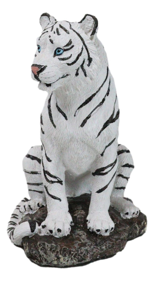 Rainforest Jungle Apex Predator White Bengal Tiger Sitting On Rock Figurine - Ebros Gift