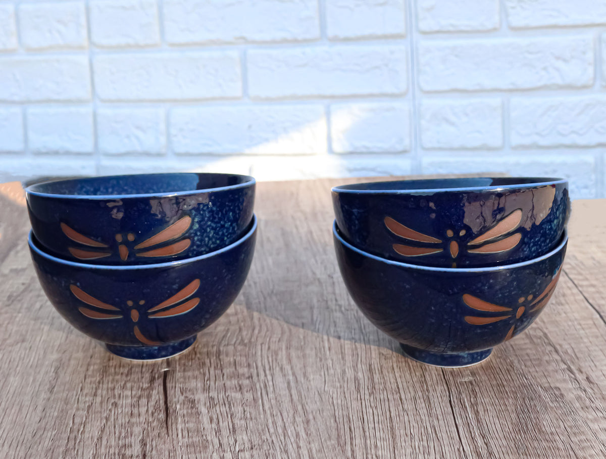 Made In Japan Auspicious Dragonfly Blue Rice Soup Dessert 8oz Bowls Set of 4