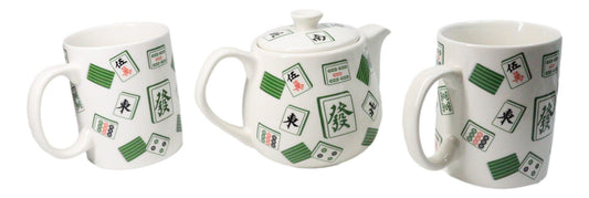 Green White Chinese Mahjong Tiles Ceramic Tea Pot 15oz And 2 Cup Mugs 11oz Set
