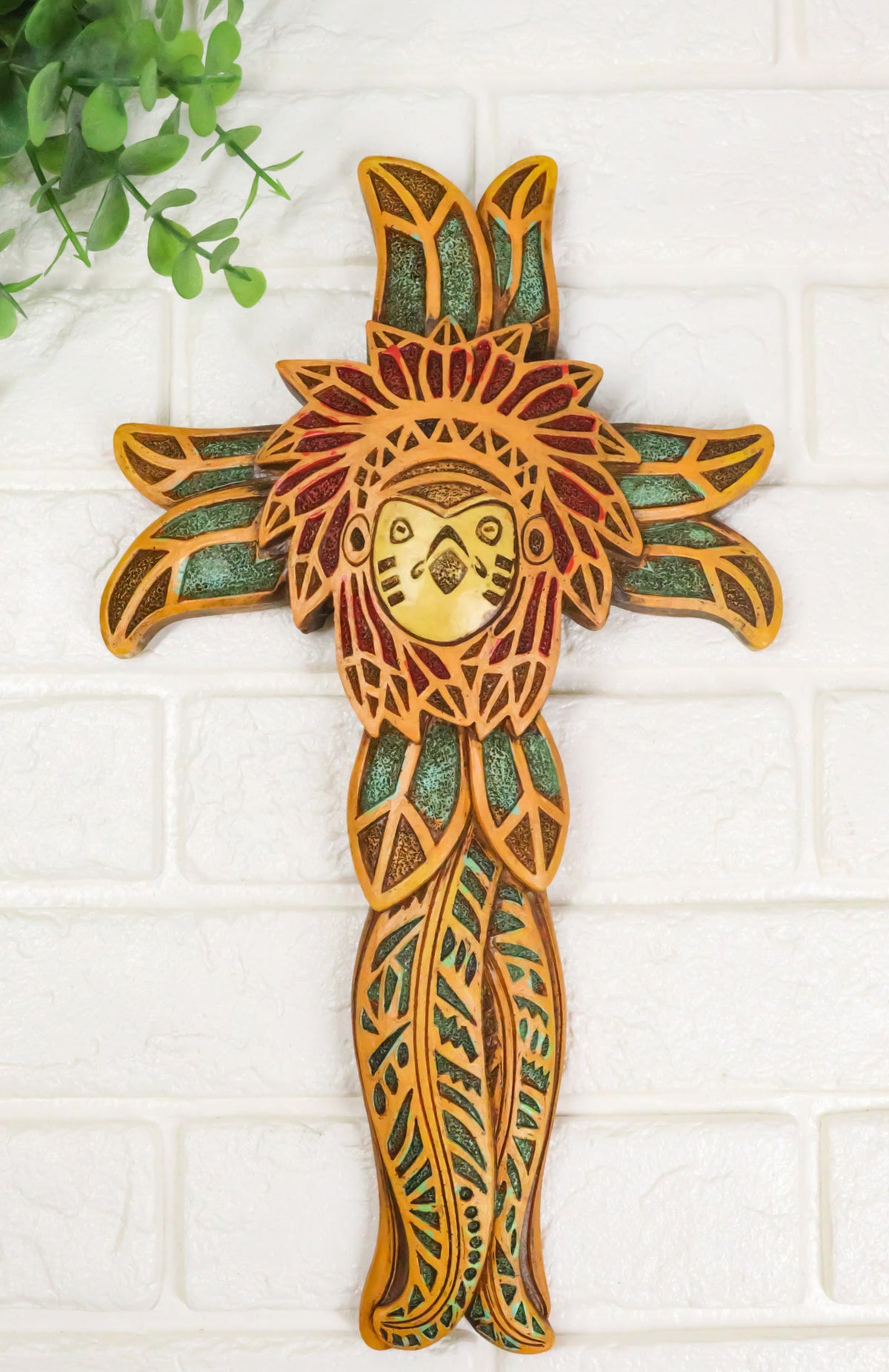 Native American Indian Owl Chief with Headdress Floral Faux Wooden Wall Cross