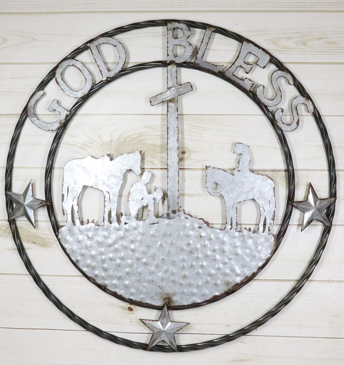 Large 24" Rustic Western Praying Cowboy Cowgirl God Bless Metal Wall Circle Sign