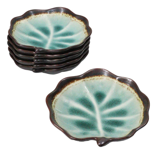 Pack Of 6 Crackle Green Midori Kannyu Ceramic Leaf Shaped Appetizer Salad Plates