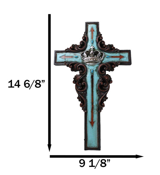 Rustic Faux Wood Turquoise Floral Scrollwork Arrows And King's Crown Wall Cross