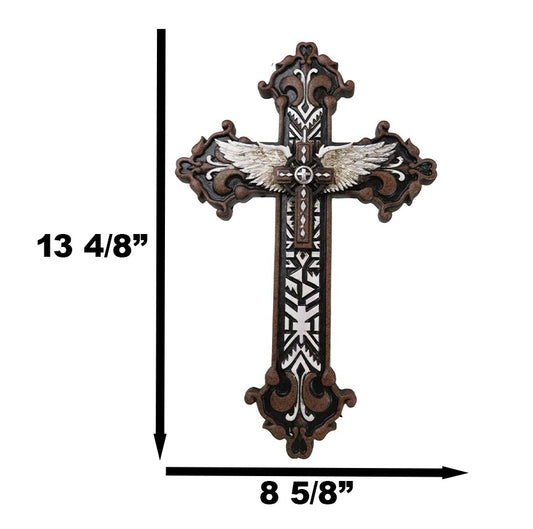Rustic Western Mayan Aztec Ancient Symbols With Angel Wings Wall Cross Decor - Ebros Gift