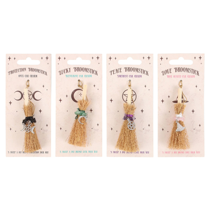 Pack of 24 Luck Peace Protection Love Crystal Broomsticks Car Charms With Stand