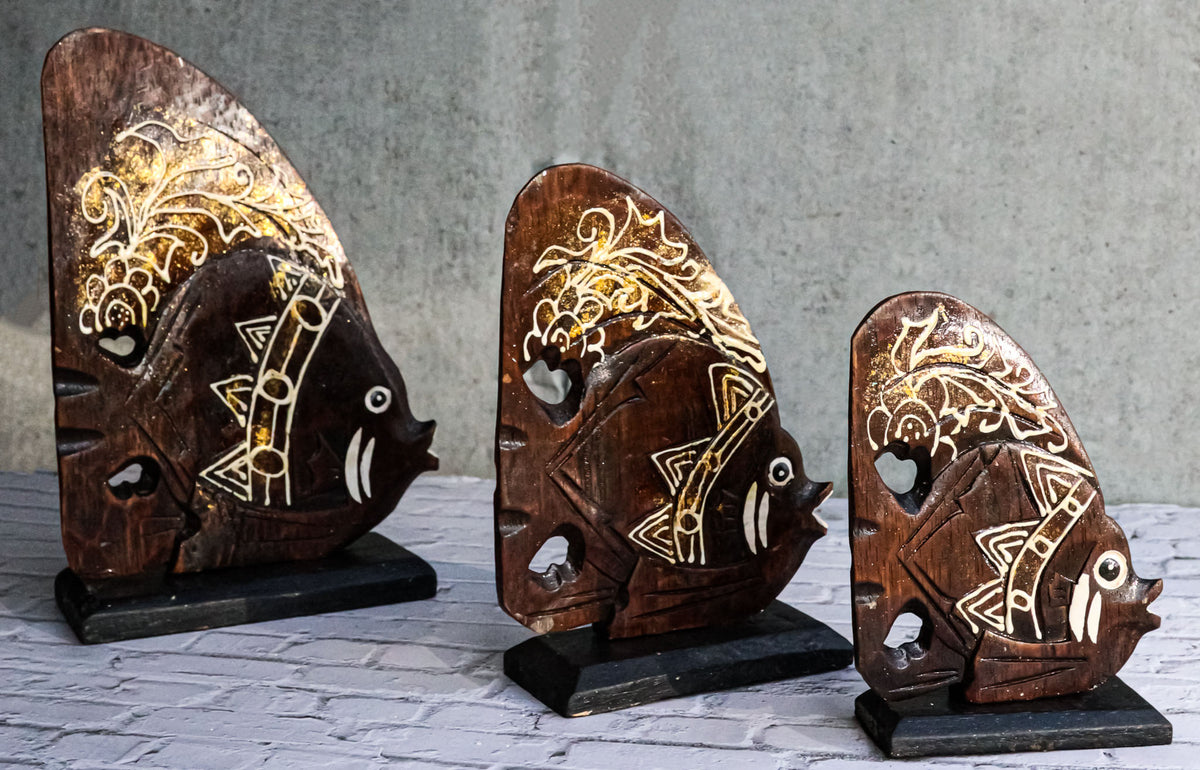 Balinese Wood Handicrafts Tropical Crown Angel Fish Family Set of 3 Figurines
