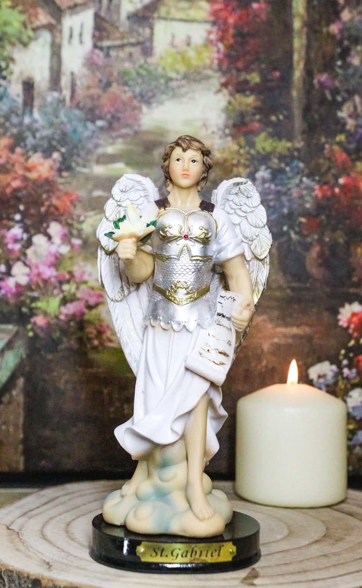 Archangel Saint Gabriel Holding Scroll and White Lotus Figurine With Base 8"H