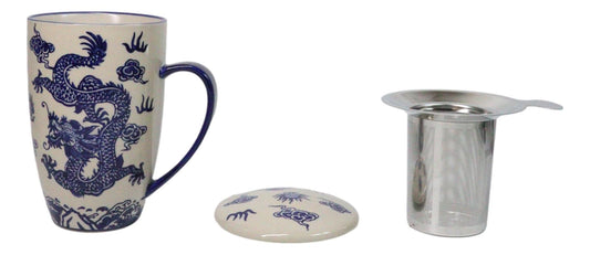Blue Oriental Ryu Dragon 15oz Porcelain Tea Mug With Lid Stainless Steel Infuser