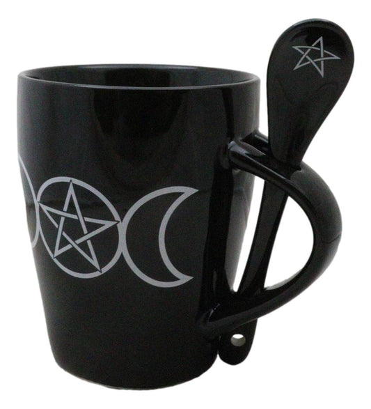 Wicca Sacred Triple Moon Pentagram Circle Ceramic Mug And Pentacle Spoon Set - Ebros Gift