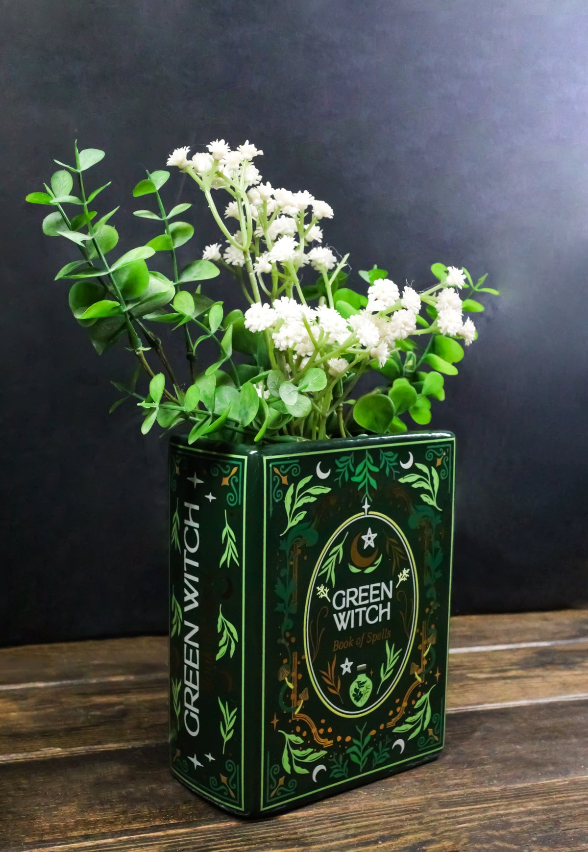 Ebros Green Witch Book of Spells Ceramic Flower Vase Gothic Grimoire Decor