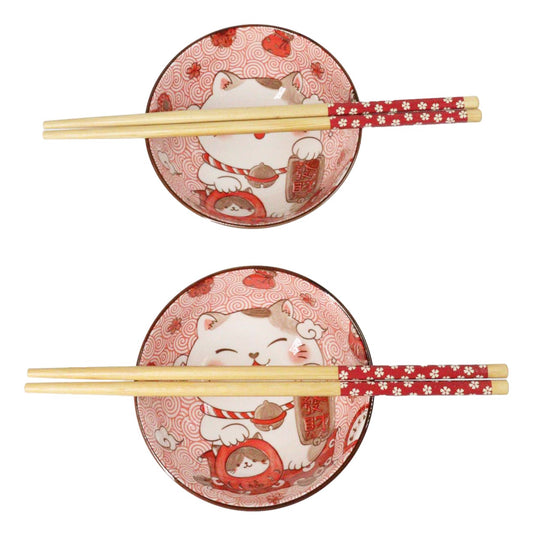 Set of 2 Lucky Cat Maneki Neko Red Ceramic 12oz Bowls With Bamboo Chopsticks