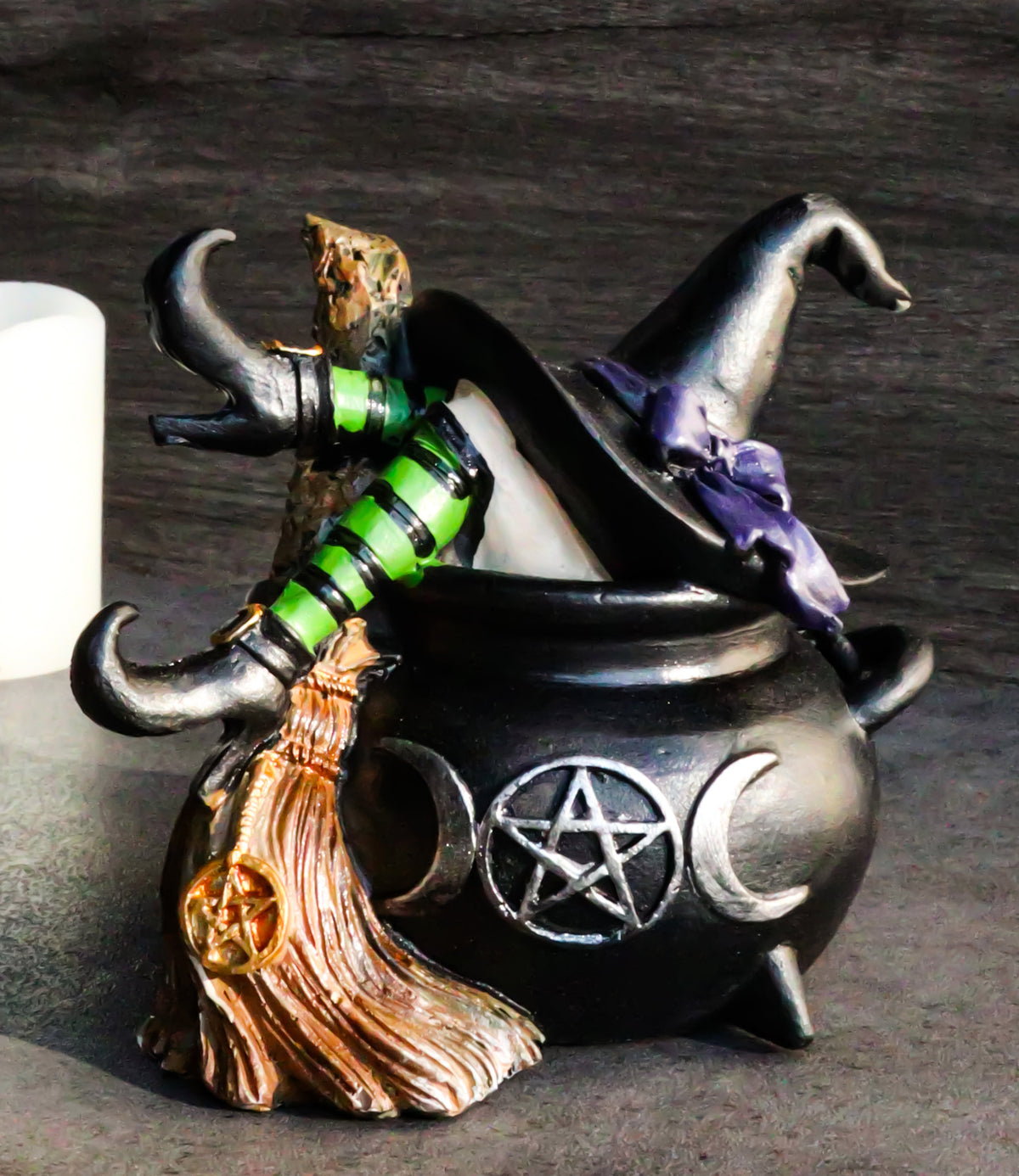 Sleeping Witch with Hat and Broomstick in Triple Moon Fire Cauldron Figurine