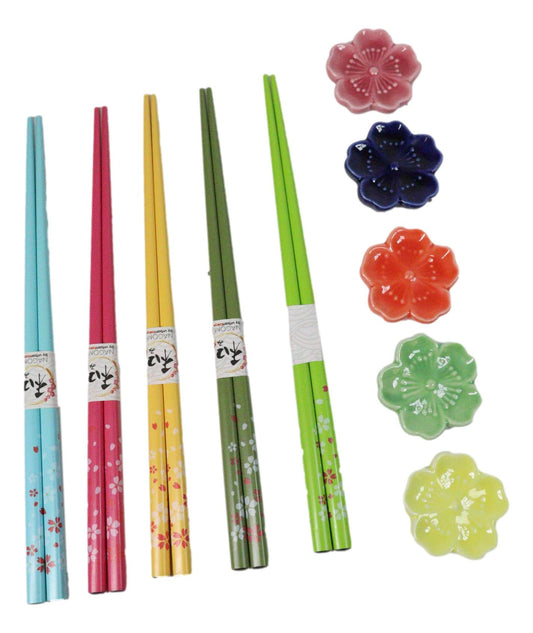 5 Pairs Of Sakura Cherry Blossoms Ceramic Rests With Wooden Chopsticks Set