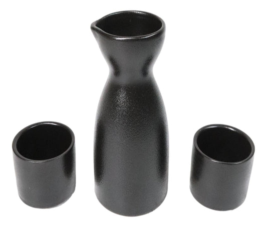 Minimalistic Black Kokuyo Porcelain Japanese Wine Sake Flask With 2 Cups Set