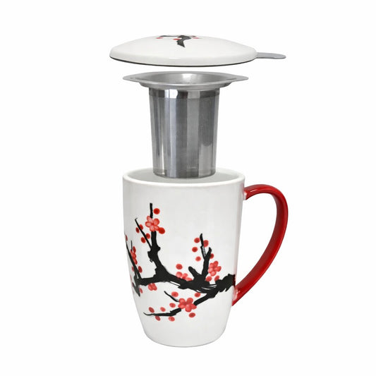 Pink Cherry Blossoms 15oz Porcelain Tea Mug With Lid & Stainless Steel Infuser