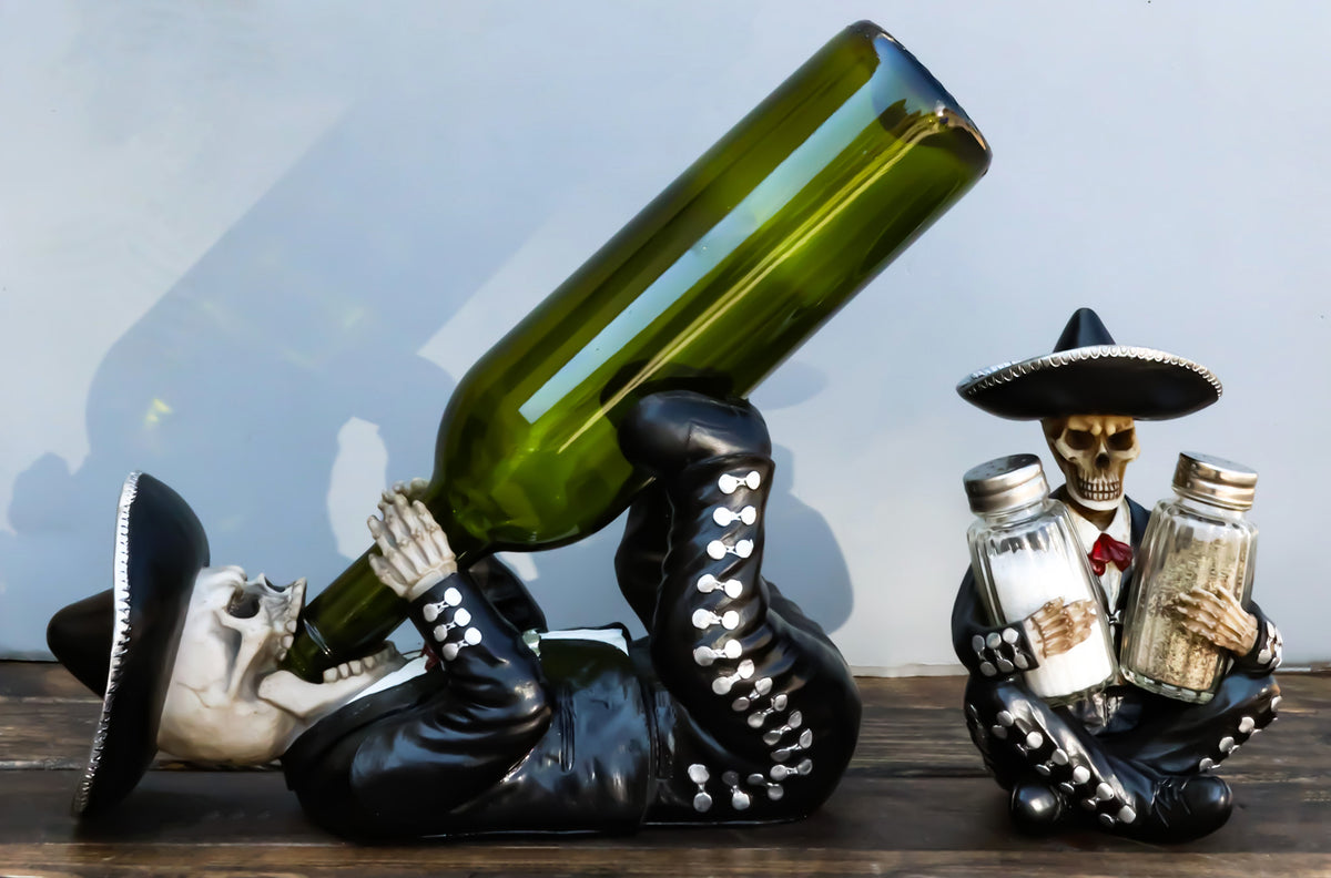 Day Of The Dead Skeleton Mariachi Band Wine And Salt Pepper Shakers Holder Set