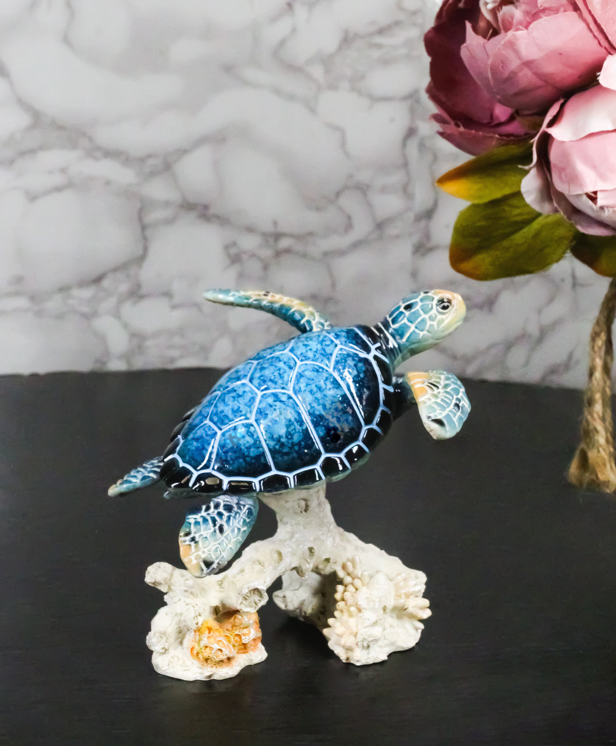 Ebros Sea Turtle Blue Shell Swimming Over Coral Reef Resin Figurine 4.25"H