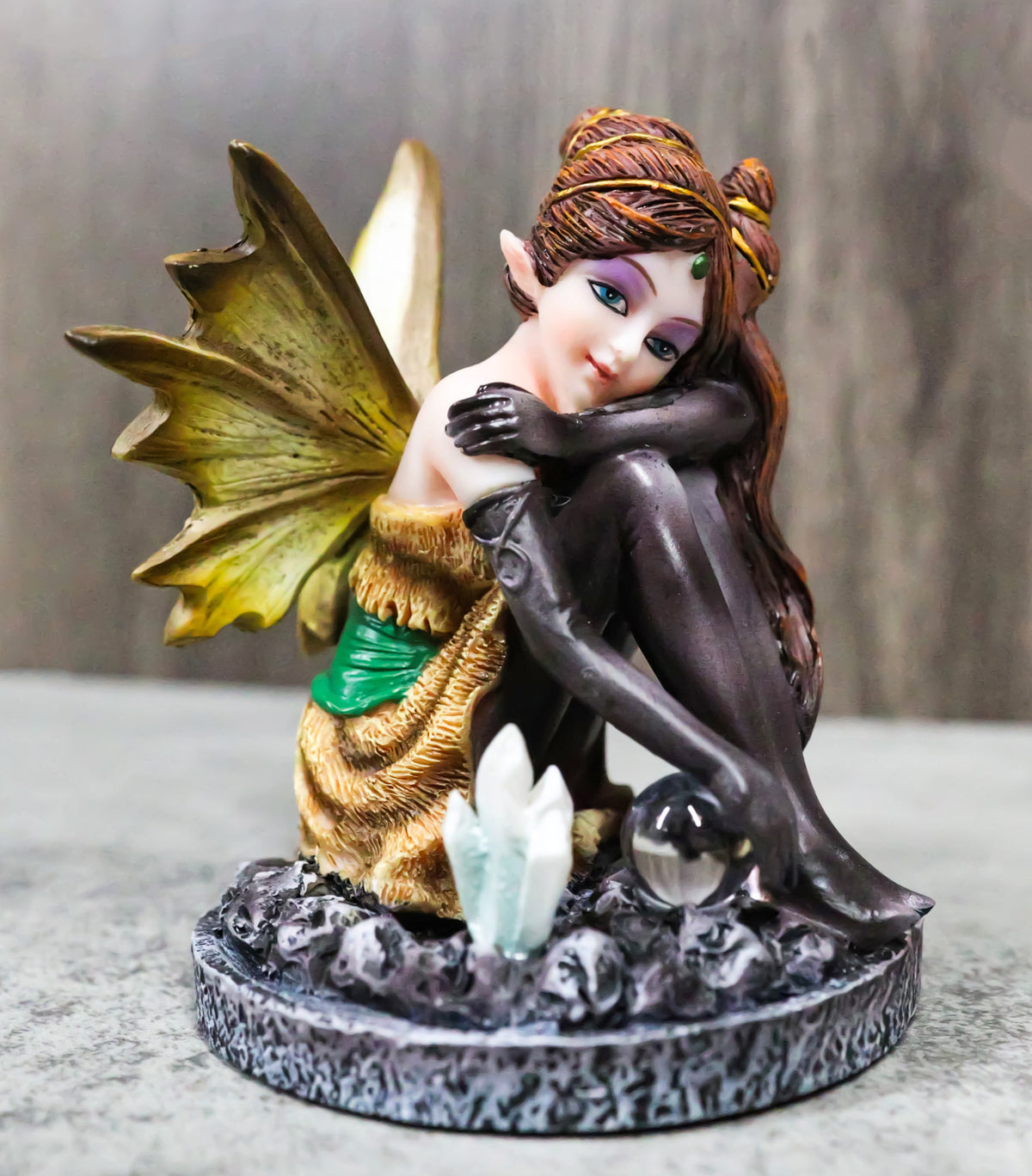 Kneeling Tribal Dressed Autumn Fall Elf Fairy with Crystal Ball Small Figurine - Ebros Gift