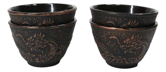Rustic Bronze Dragon Etching Japanese Tetsubin Style Cast Iron Tea Cups Set of 4