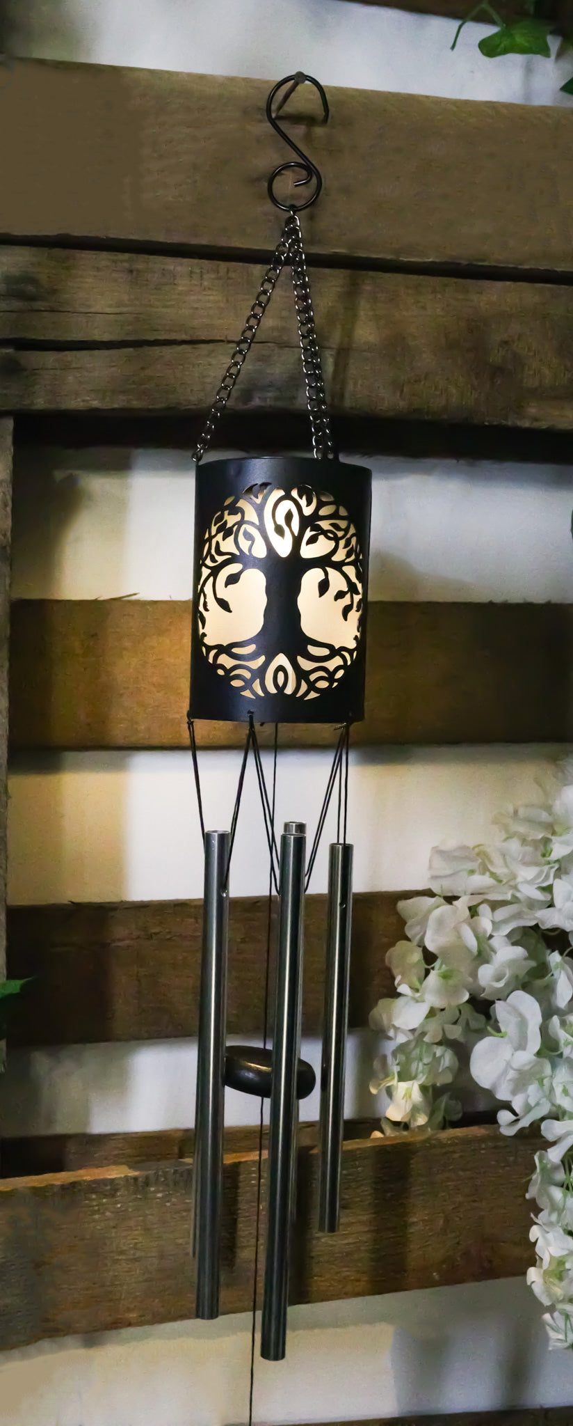 Celtic Tree Of Life Cylindrical Steel Metal Filigree Hanging Solar Wind Chime