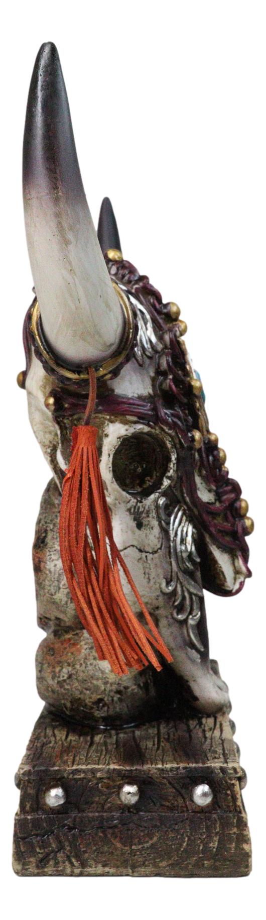 Rustic Western Cow Skull Turquoise Diamond Scrollwork Tassels Trophy Figurine