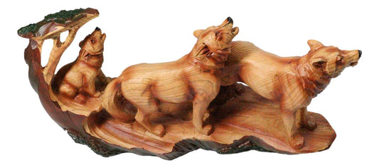 Three Howling Wolves Family Faux Wood Sculpture, Rustic Woodland Wolf Pack Decor
