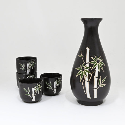 Charcoal Grey Bamboo Forest Porcelain Sake Carafe Flask And 4 Ochoko Cups Set