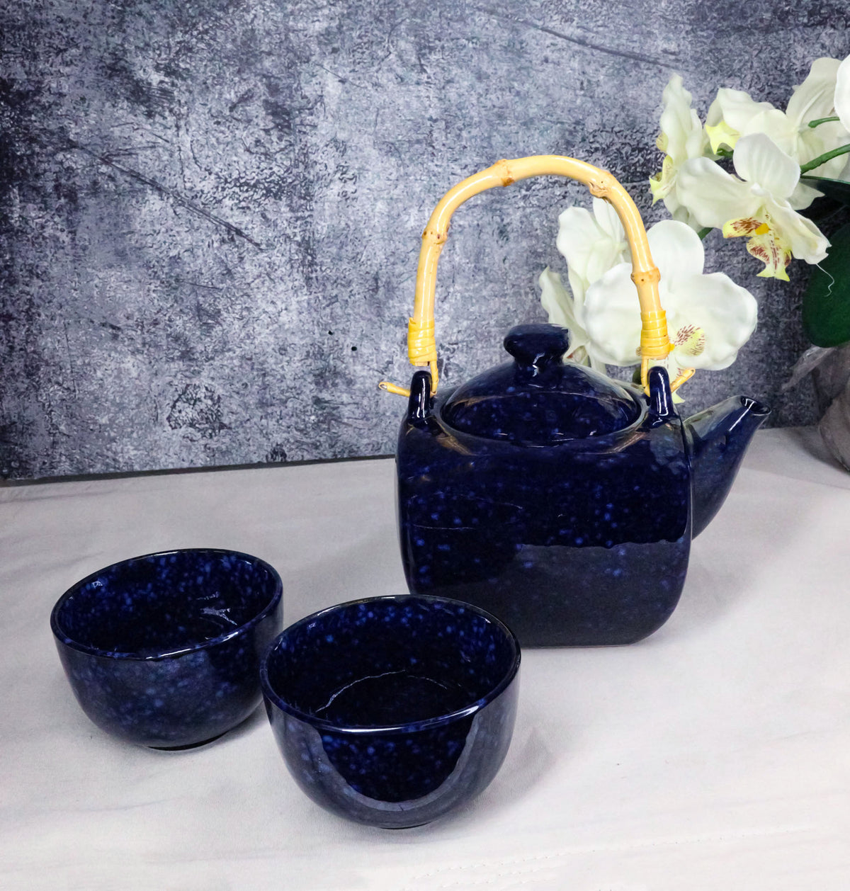 Speckled Navy Blue Zen Fusion Reactive Glaze 32oz Teapot With 2 Tea Cups Set