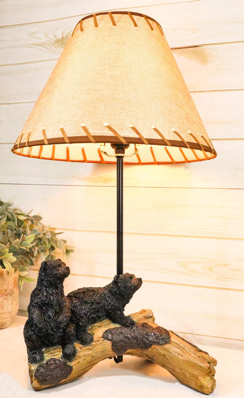 Rustic Western Whimsical Forest Black Bears Resting On Tree Log Table Lamp