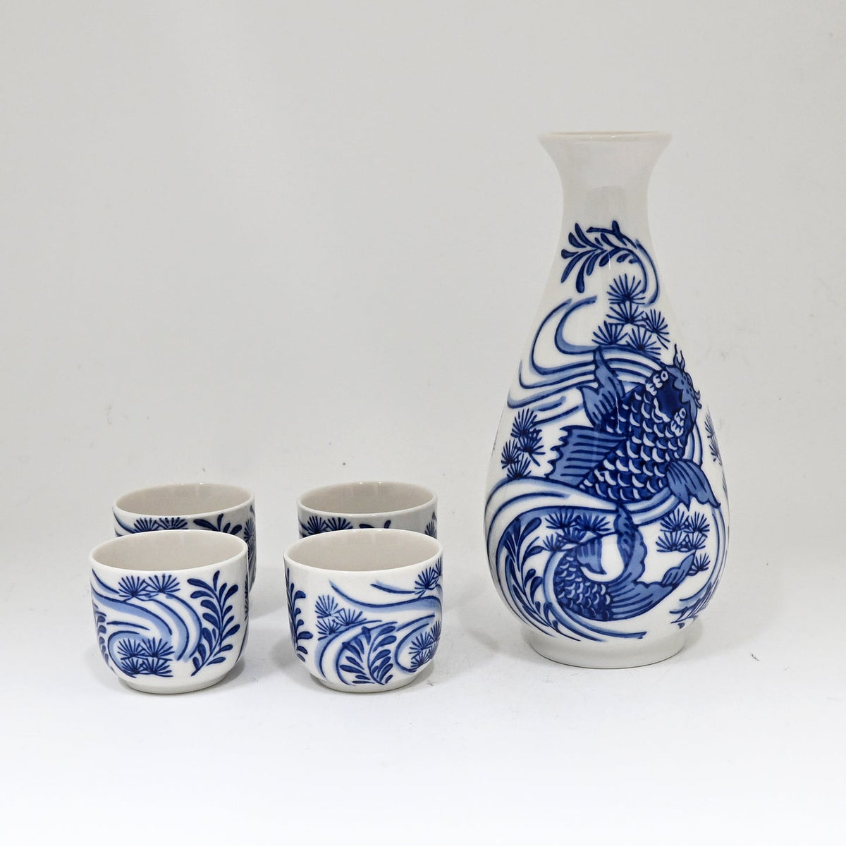 Blue White Koi Fish In River Porcelain Sake Carafe Flask And 4 Ochoko Cups Set