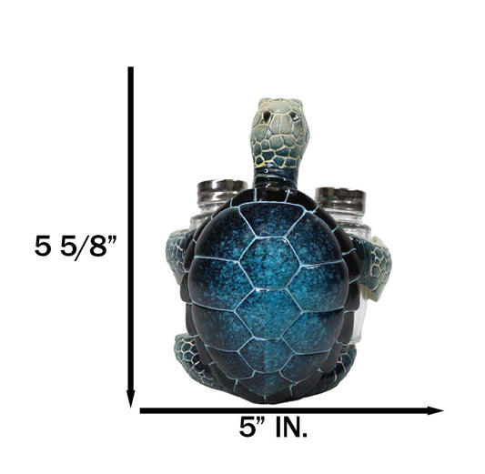 Marine Blue Shell Sea Turtle Hugging Glass Salt Pepper Shakers Holder Figurine