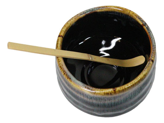 Black Brown Waterfall Ceramic Japanese Matcha Green Tea Bowl Whisk & Scoop Set