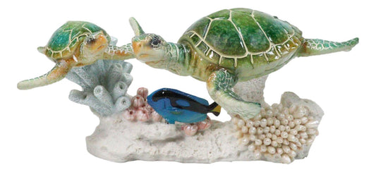 Green Sea Turtles Family Swimming By Coral Reef Sea Anemone Blue Fish Figurine