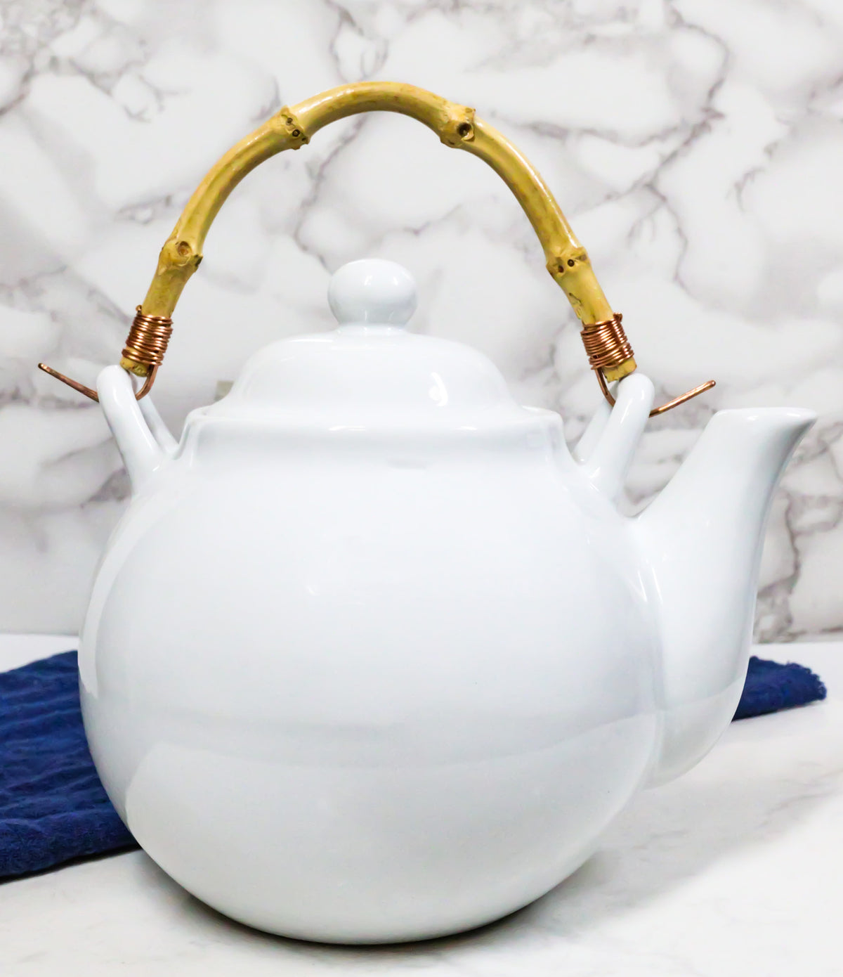 Sleek White 35oz Bone China Ceramic Tea Pot Teapot With Bamboo Handle Collection