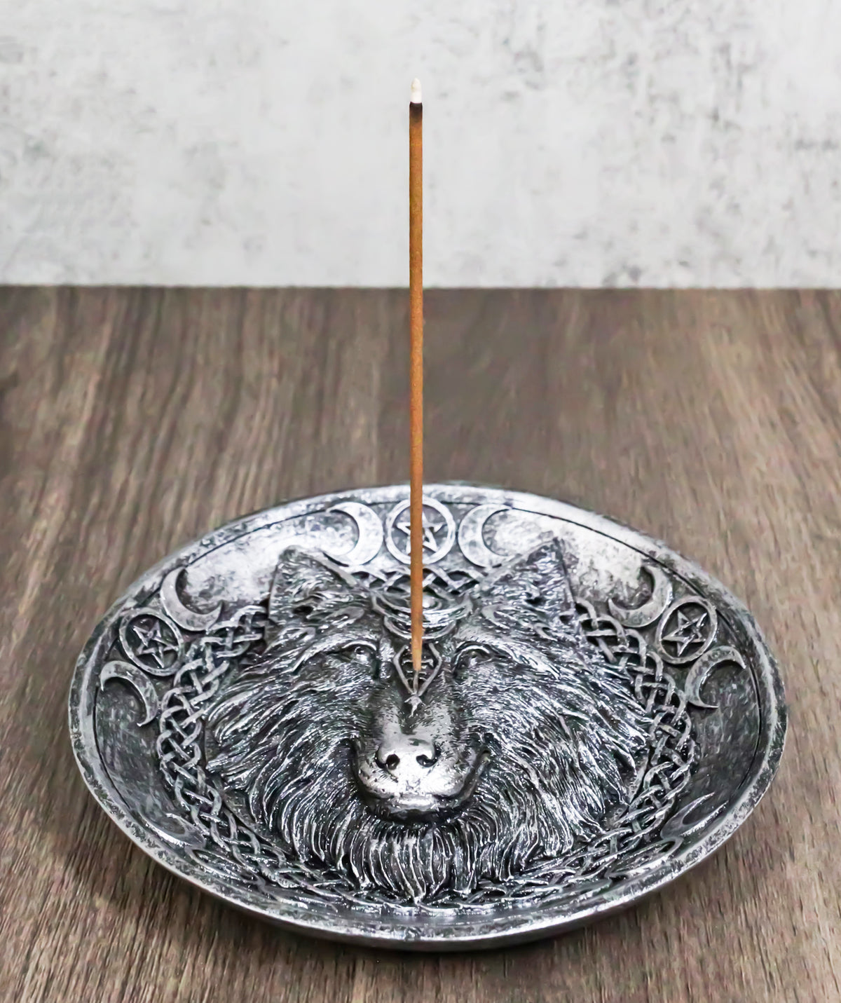 Wicca Celtic Knotwork Triple Moon Pentagram Gray Wolf Round Incense Holder