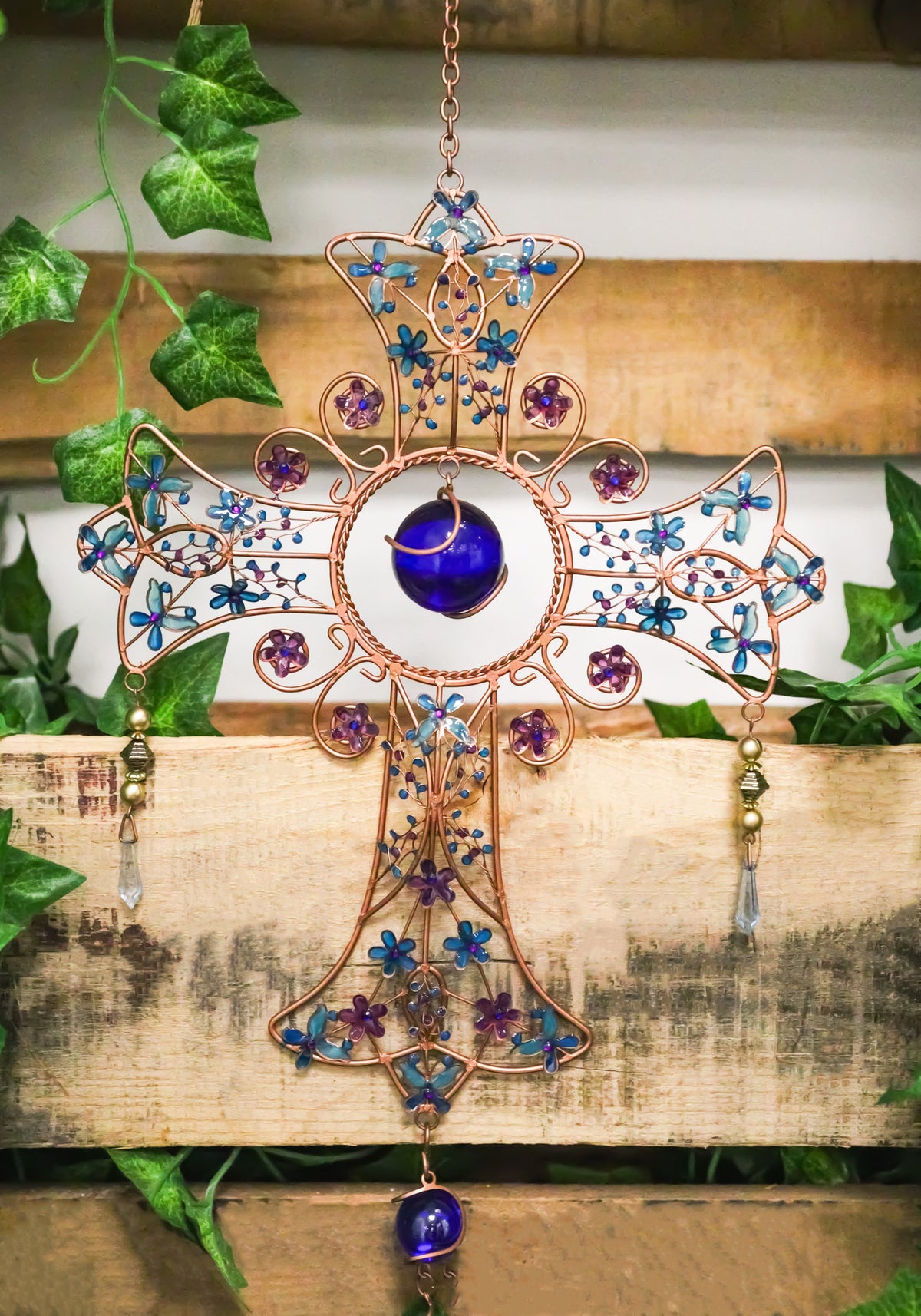 Blue Floral Scroll with Gemstones Christian Cross Art Glass Metal Wind Chime