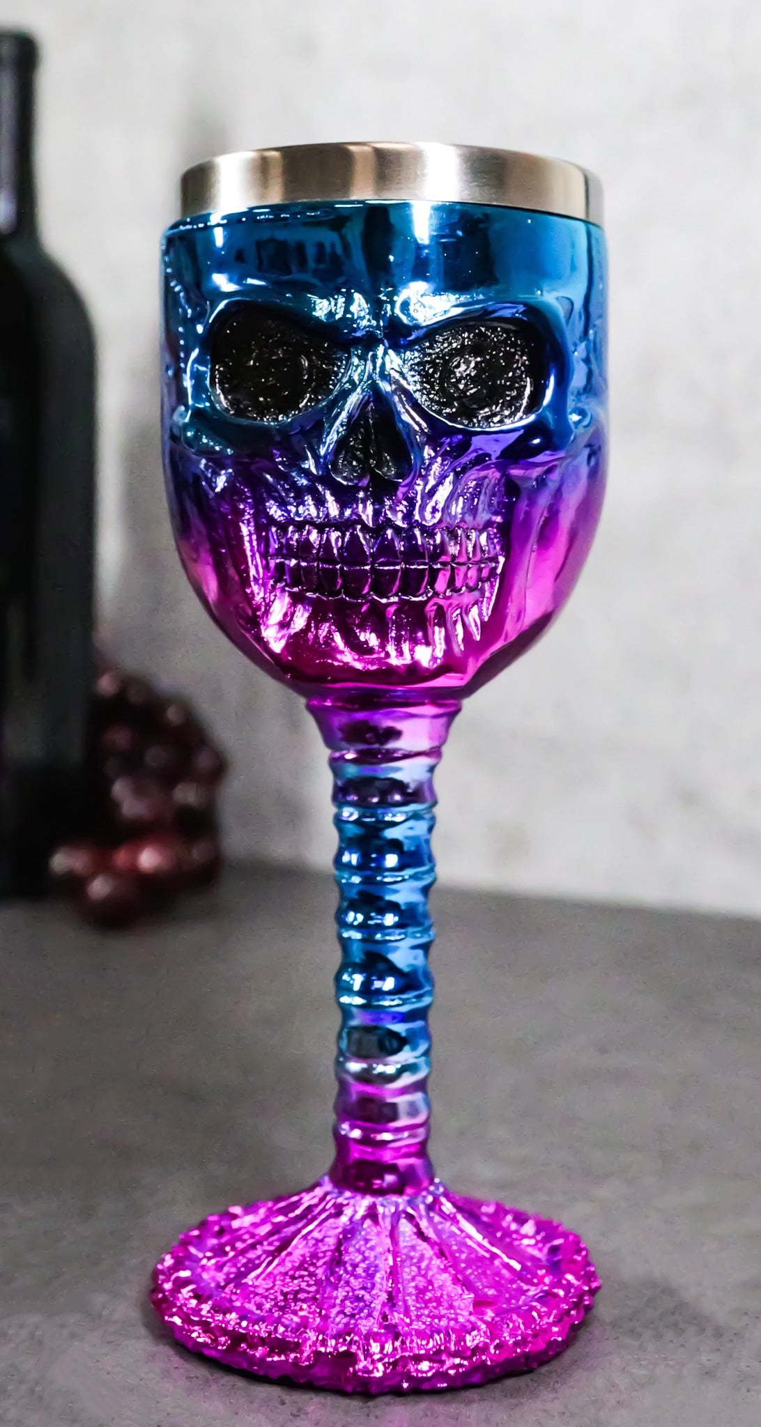 Metallic Blue And Pink Plated Skull With Skeleton Spine And Bones Wine Goblet - Ebros Gift