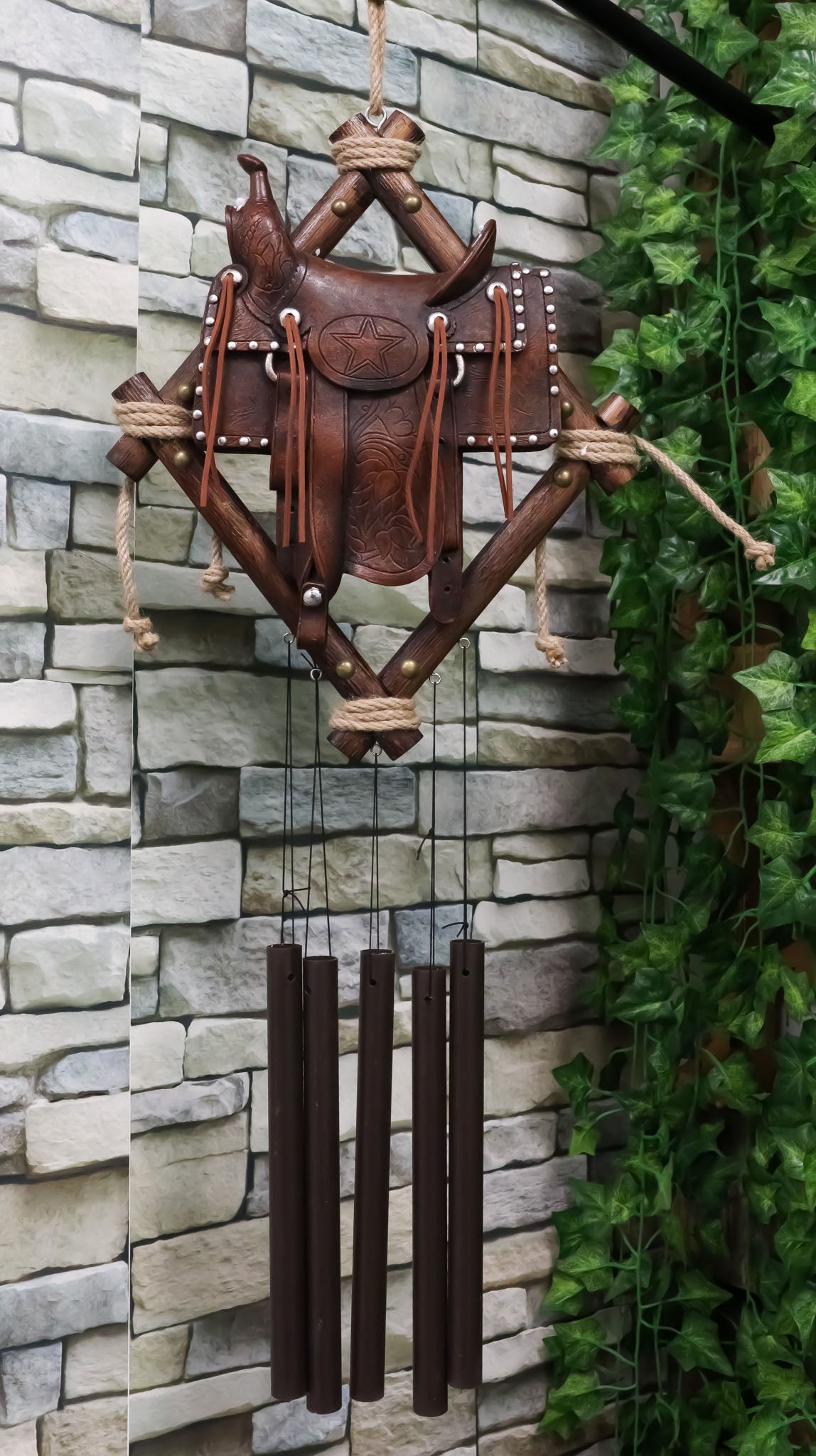 Country Rustic Cowboy Horse Saddle Faux Tooled Leather Decorative Wind Chime