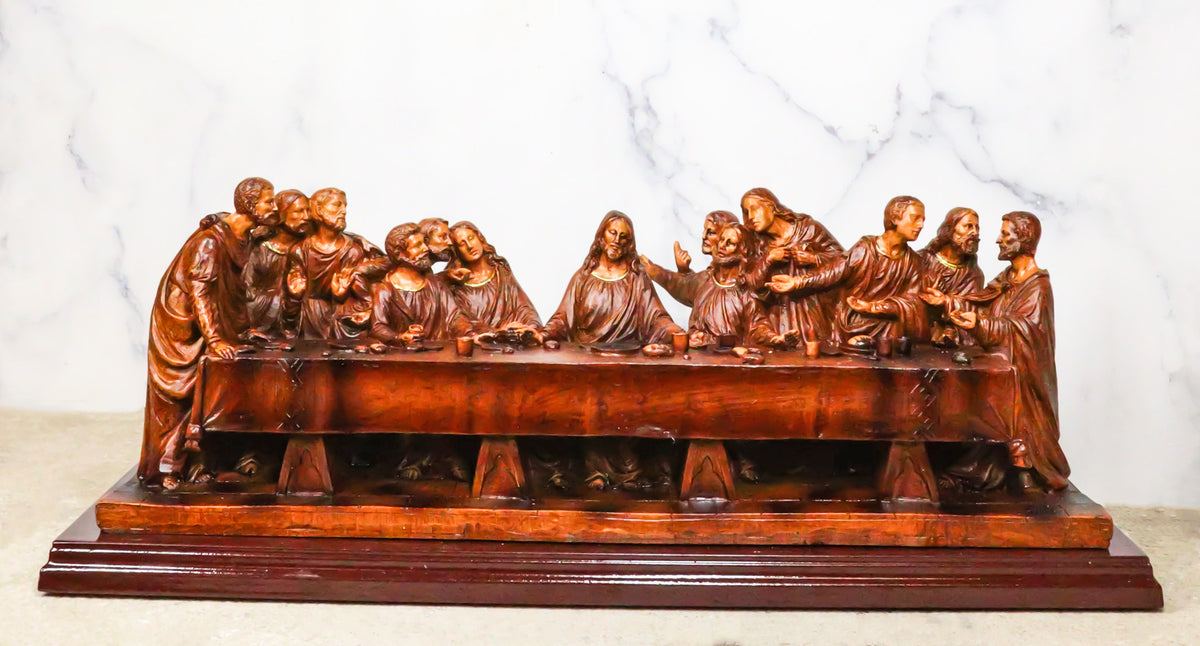 Leonardo Da Vinci The Last Supper Jesus And Disciples Faux Wooden Figurine 14"L - Ebros Gift