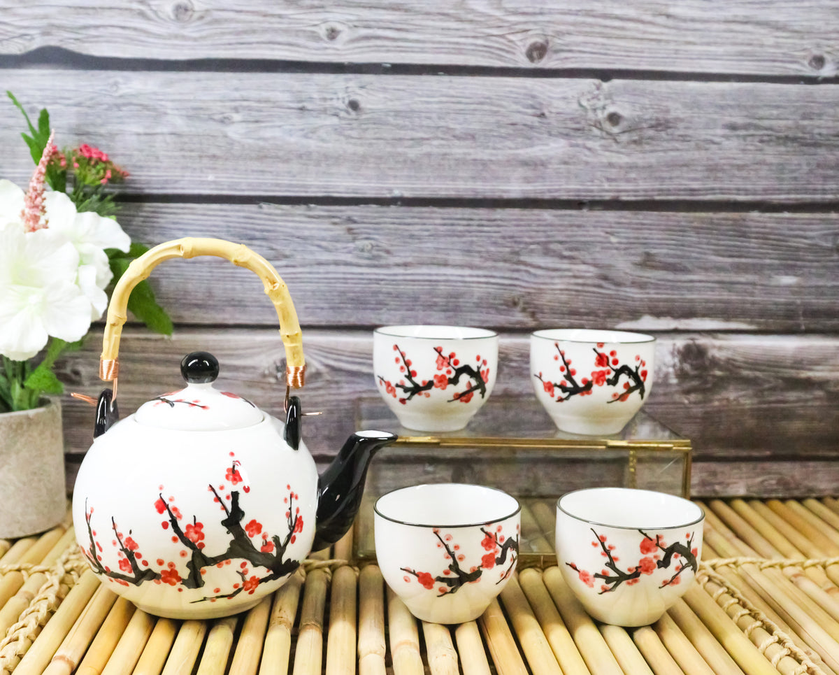 White Pink Sakura Cherry Blossoms Porcelain 30oz Teapot And 4 Tea Cups Set