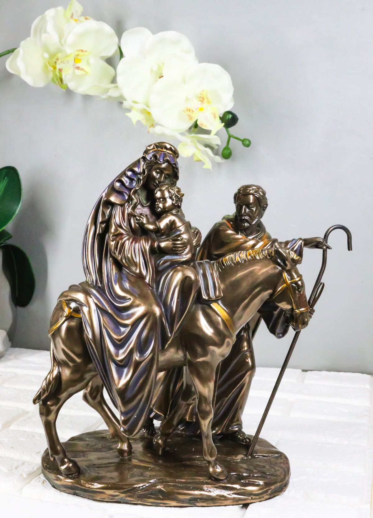 Flight to Egypt Holy Family Mary Joseph and Jesus On Donkey Figurine 9"H