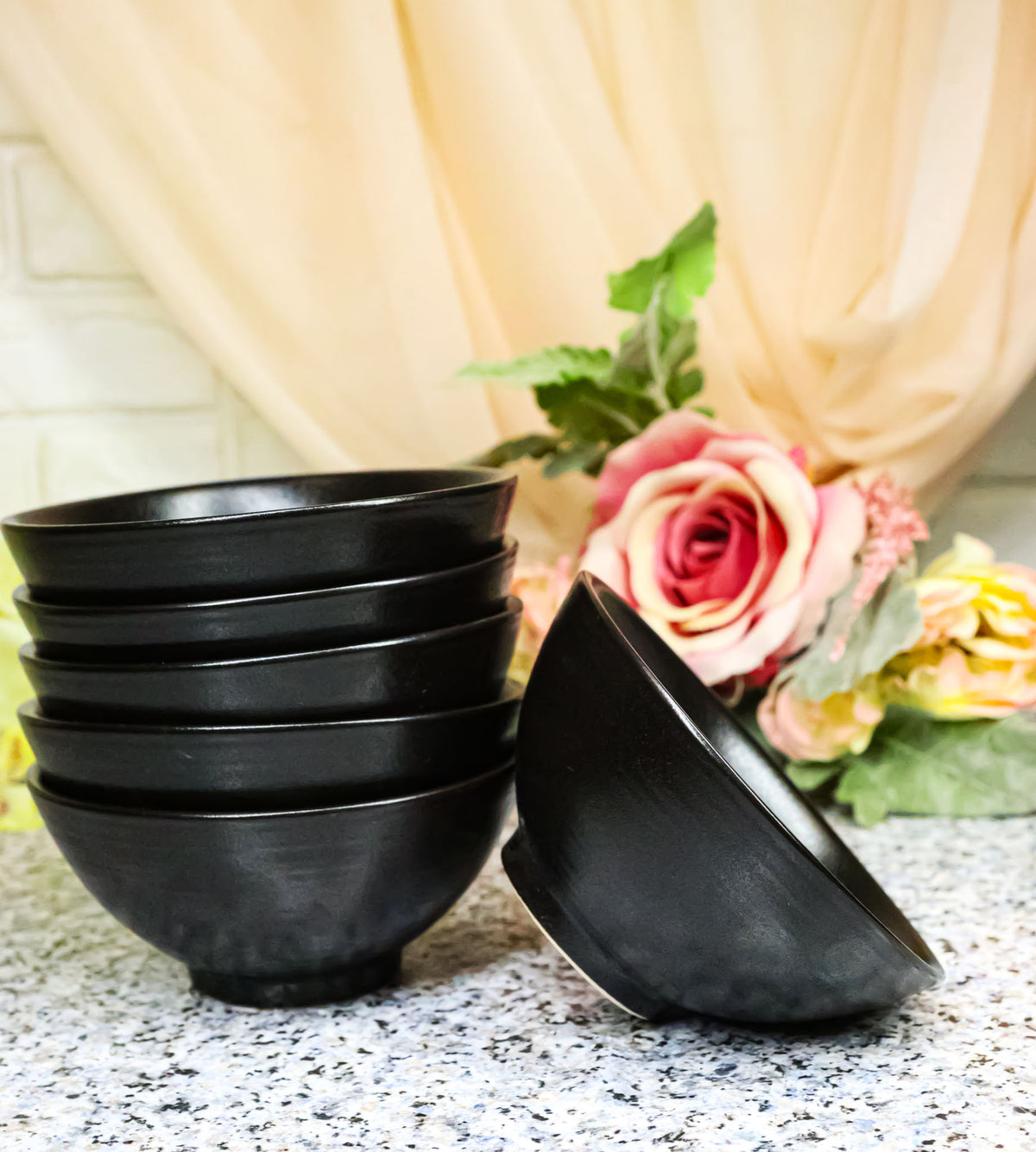 Pack Of 6 Black Kokuyo Minimalist Ceramic Small Rice Soup Appetizer Bowls 10oz