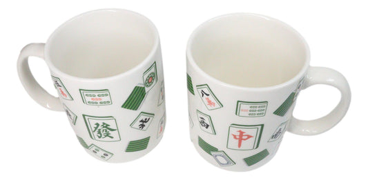 Set Of 2 Green White Chinese Mahjong Character Tiles Ceramic Mug Cups 11oz